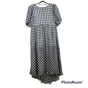 VICI X Destiny Black White Plaid Pullover Balloon Sleeve Tiered Hi Low Dress